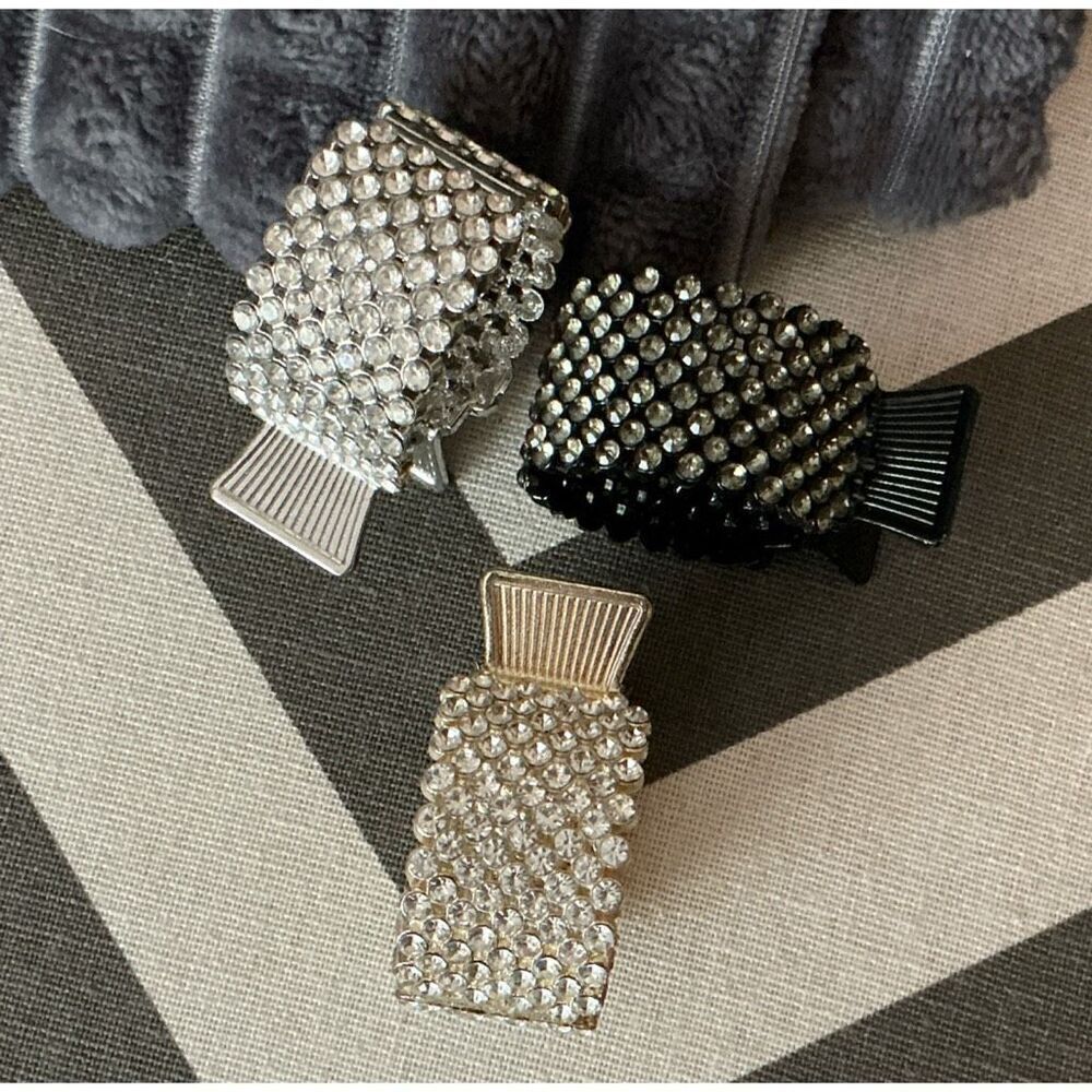 3 Elegant Metal & Rhinestone Ponytail Holders Black, Gold, & Silver NWOT